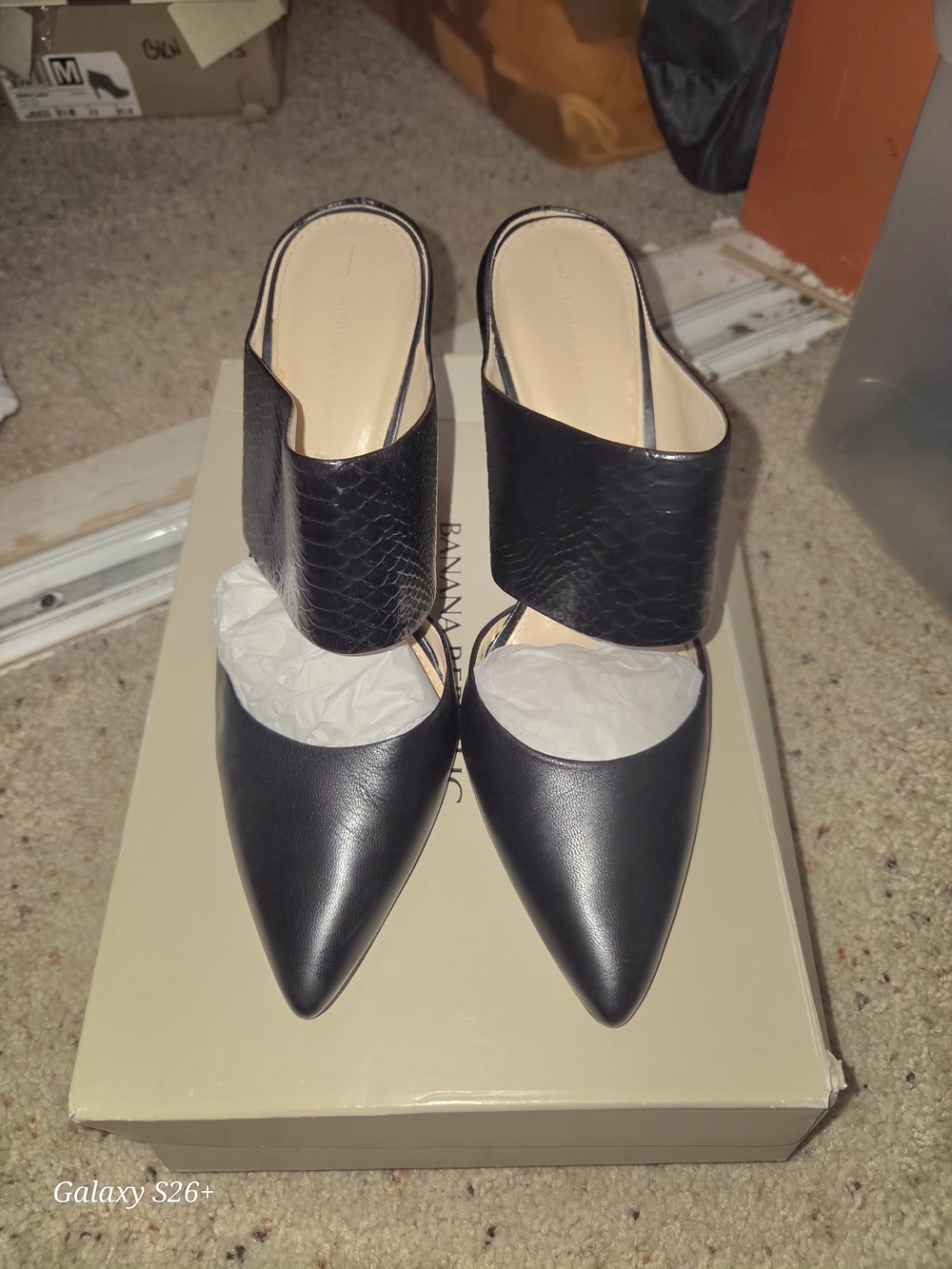 Banana Republic Black Pointed Slip-On Mule Heels with Wide Textured Strap